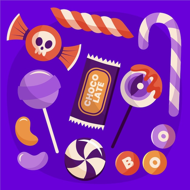 Gratis vector handgetekende platte halloween-snoepcollectie