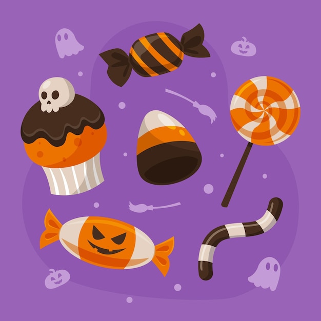 Gratis vector handgetekende platte halloween-snoepcollectie