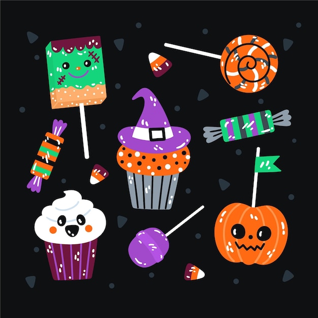 Handgetekende platte halloween-snoepcollectie