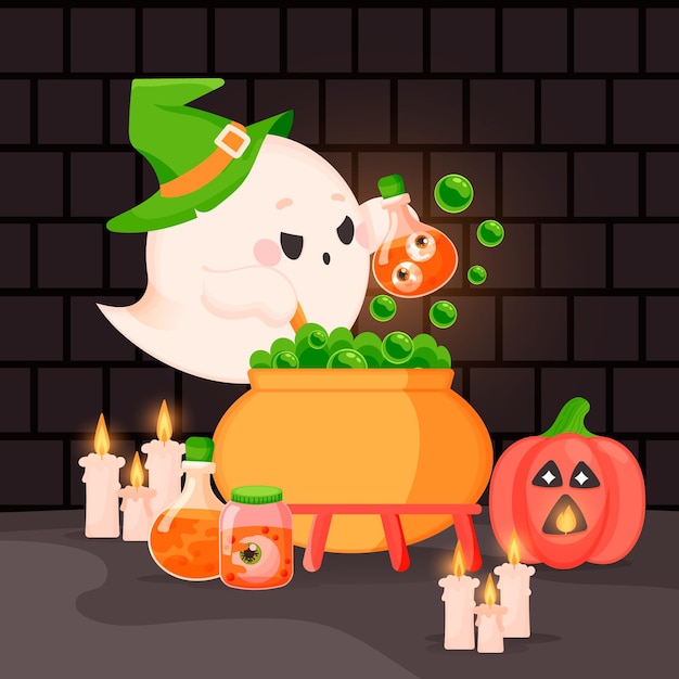 Handgetekende platte halloween-spookillustratie