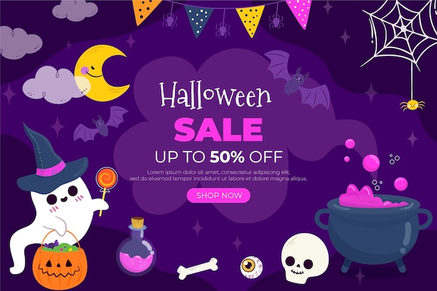 Gratis vector handgetekende platte halloween-verkoop horizontale banner