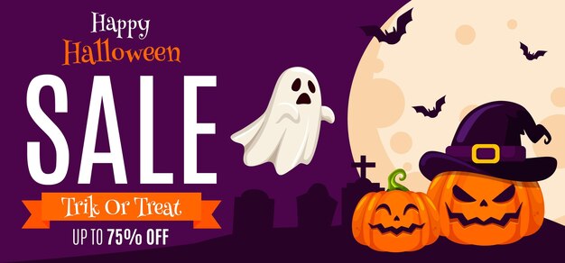 Handgetekende platte halloween-verkoop horizontale banner