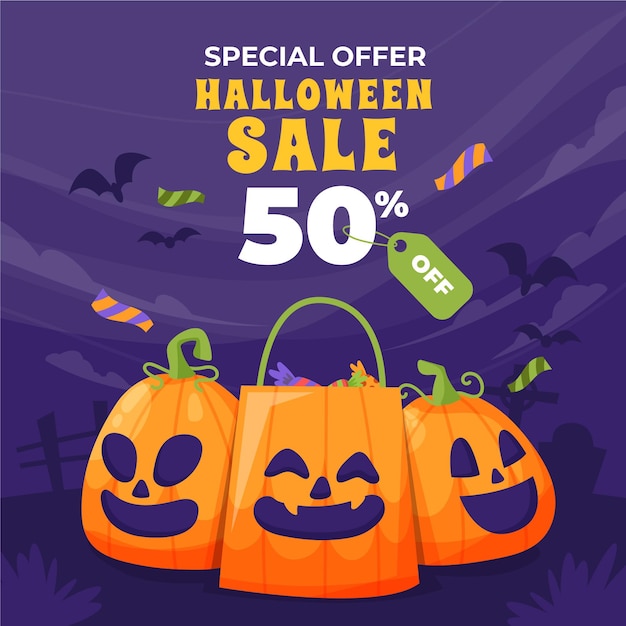 Gratis vector handgetekende platte halloween-verkoopillustratie