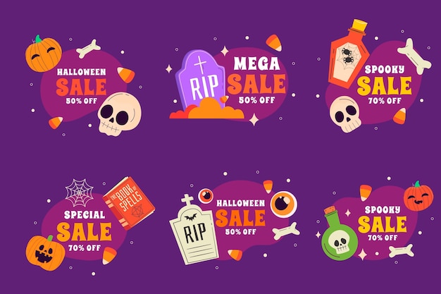 Gratis vector handgetekende platte halloween-verkooplabelscollectie