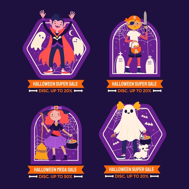 Gratis vector handgetekende platte halloween-verkooplabelscollectie