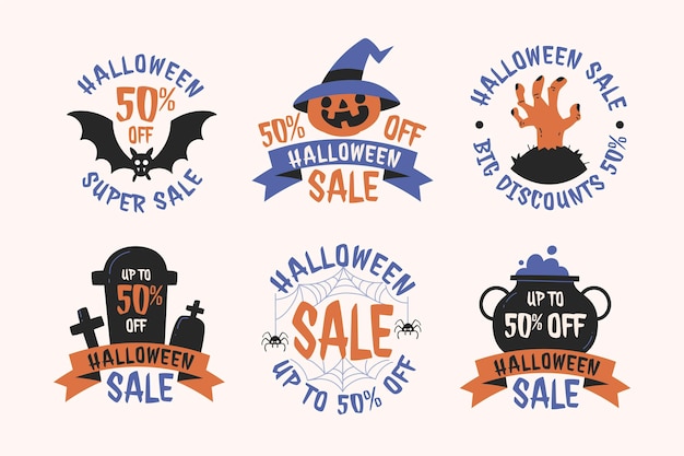 Gratis vector handgetekende platte halloween-verkooplabelscollectie