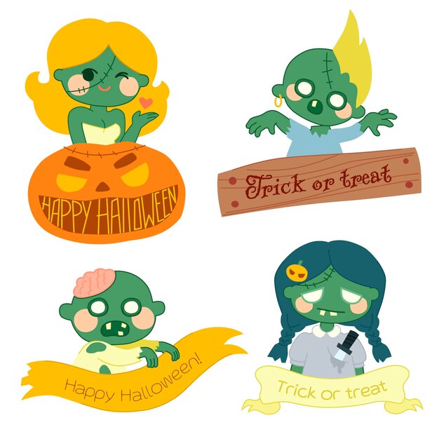 Handgetekende platte halloween zombies-collectie