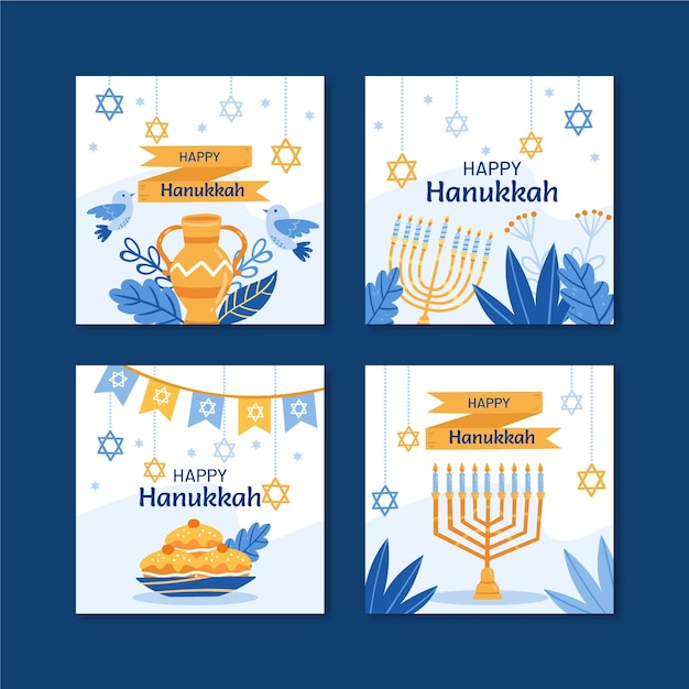 Gratis vector handgetekende platte hanukkah instagram posts collectie