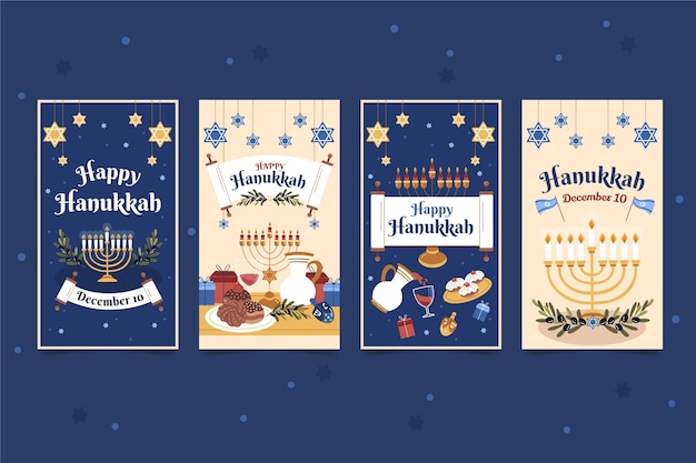 Gratis vector handgetekende platte hanukkah instagram verhalencollectie