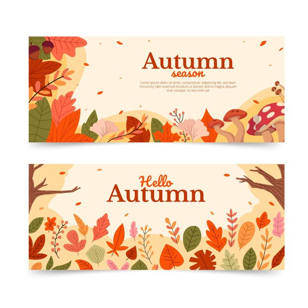 Handgetekende platte herfst horizontale banners set