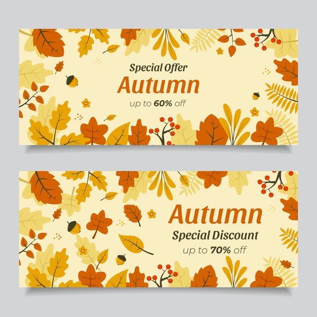 Handgetekende platte herfst horizontale verkoop banners set