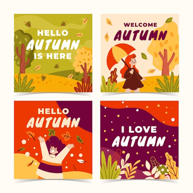Handgetekende platte herfst instagram posts collectie