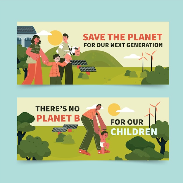 Handgetekende platte horizontale banners voor klimaatverandering