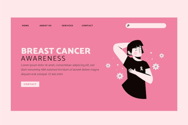 Handgetekende platte internationale dag tegen borstkanker bestemmingspaginasjabloon