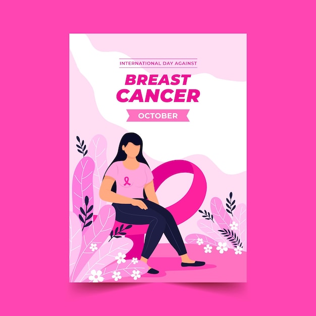 Handgetekende platte internationale dag tegen verticale postersjabloon voor borstkanker