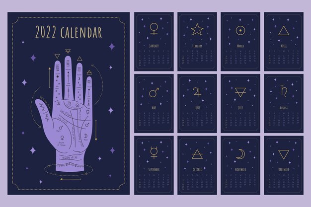 Handgetekende platte kalendersjabloon voor 2022