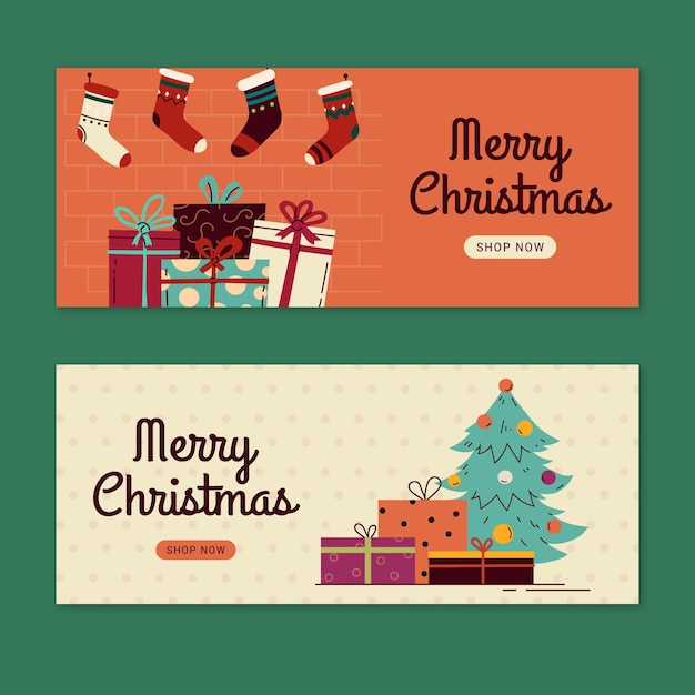 Handgetekende platte kerst horizontale banners set