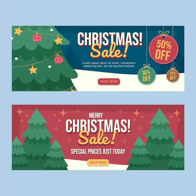 Gratis vector handgetekende platte kerst horizontale banners set