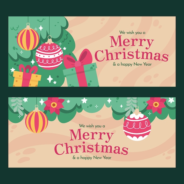 Handgetekende platte kerst horizontale banners set