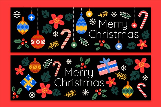 Handgetekende platte kerst horizontale banners set