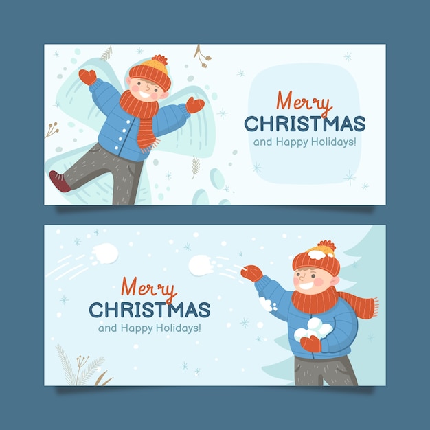 Handgetekende platte kerst horizontale banners set