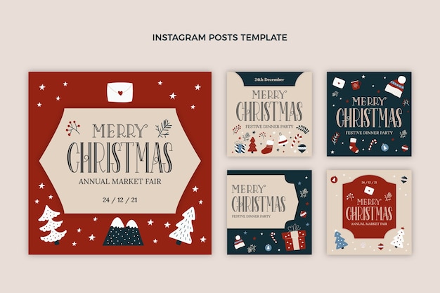 Handgetekende platte kerst instagram posts collectie