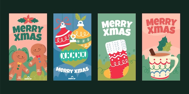 Gratis vector handgetekende platte kerst instagram verhalencollectie