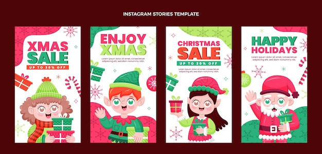 Gratis vector handgetekende platte kerst instagram verhalencollectie