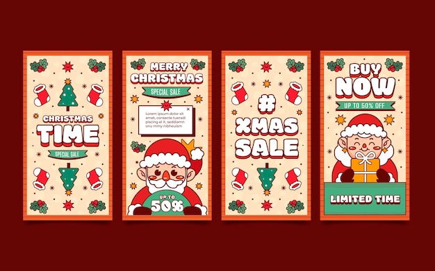 Gratis vector handgetekende platte kerst instagram verhalencollectie