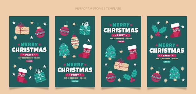 Gratis vector handgetekende platte kerst instagram verhalencollectie