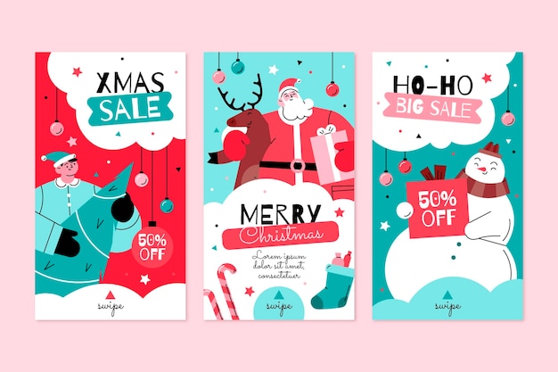 Gratis vector handgetekende platte kerst instagram verhalencollectie