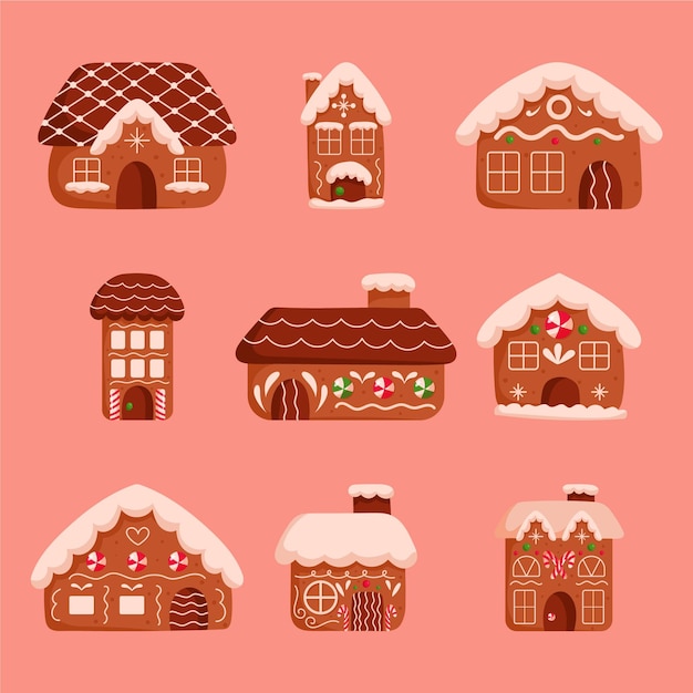 Gratis vector handgetekende platte kerst peperkoek huizen collectie