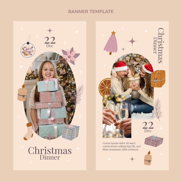 Handgetekende platte kerst verticale banners set