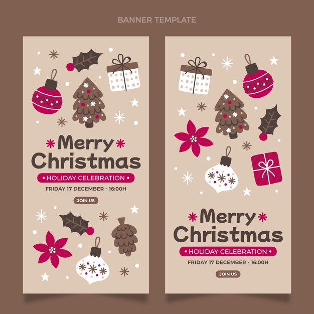 Handgetekende platte kerst verticale banners set