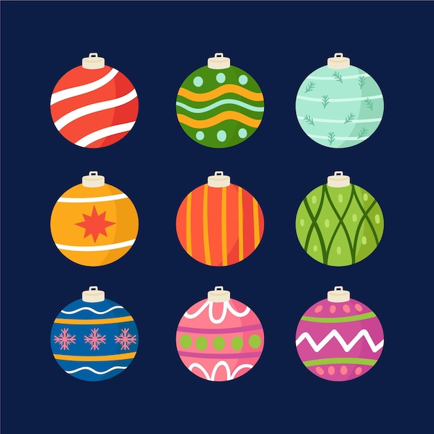 Gratis vector handgetekende platte kerstbal ornamenten collectie