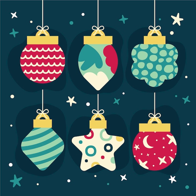 Gratis vector handgetekende platte kerstbal ornamenten collectie