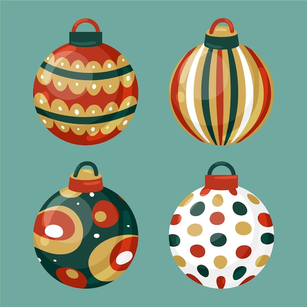 Gratis vector handgetekende platte kerstbal ornamenten collectie