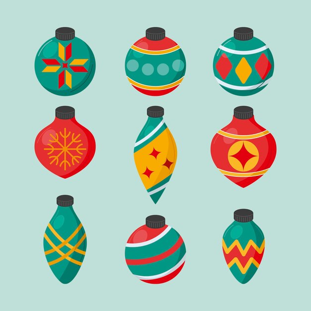 Gratis vector handgetekende platte kerstbal ornamenten collectie