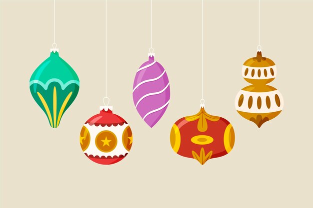 Gratis vector handgetekende platte kerstbal ornamenten collectie