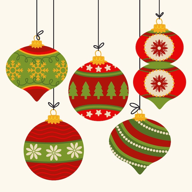 Gratis vector handgetekende platte kerstbal ornamenten collectie