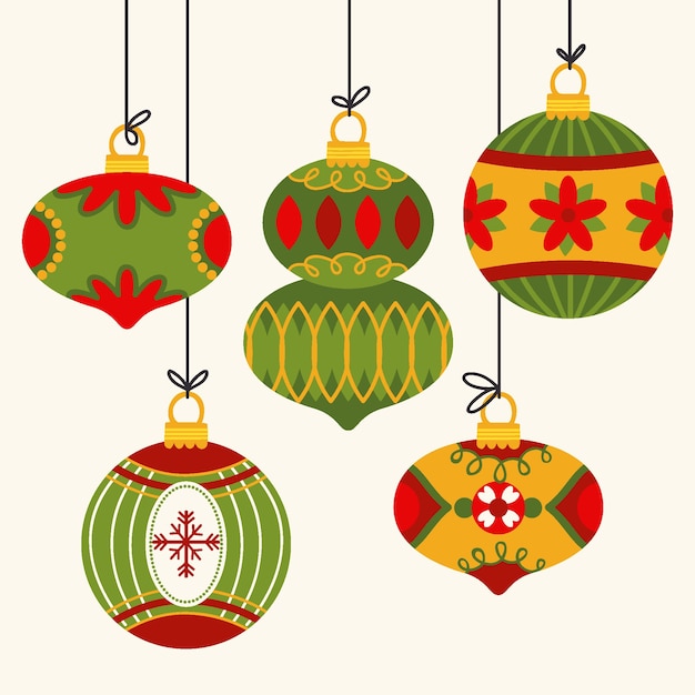 Gratis vector handgetekende platte kerstbal ornamenten collectie