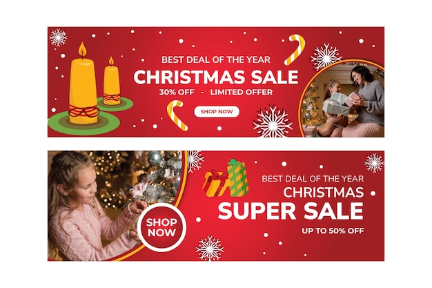 Gratis vector handgetekende platte kerstbanners set