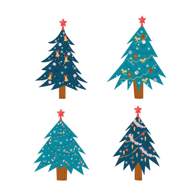 Gratis vector handgetekende platte kerstbomen collectie
