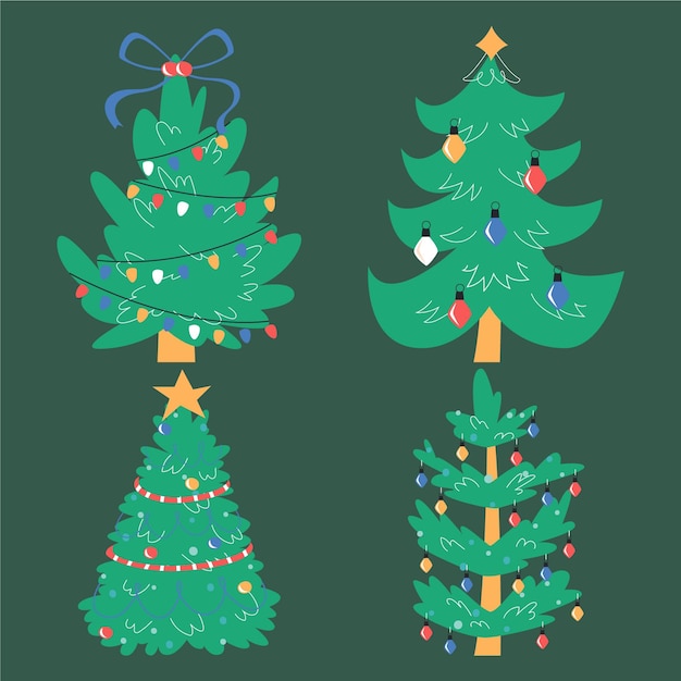 Handgetekende platte kerstbomen collectie
