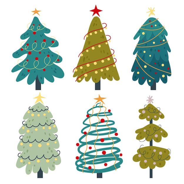 Gratis vector handgetekende platte kerstbomen collectie