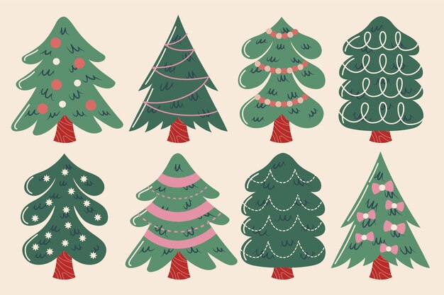 Gratis vector handgetekende platte kerstbomen collectie