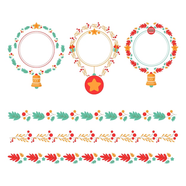 Gratis vector handgetekende platte kerstframes en -randencollectie