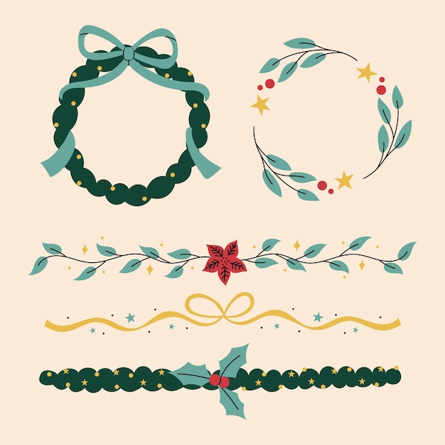 Gratis vector handgetekende platte kerstframes en -randencollectie