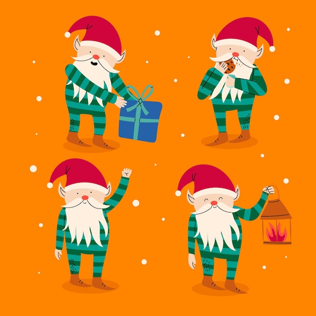 Gratis vector handgetekende platte kerstkabouterscollectie