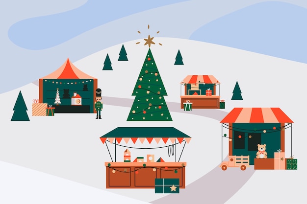 Gratis vector handgetekende platte kerstmarktillustratie